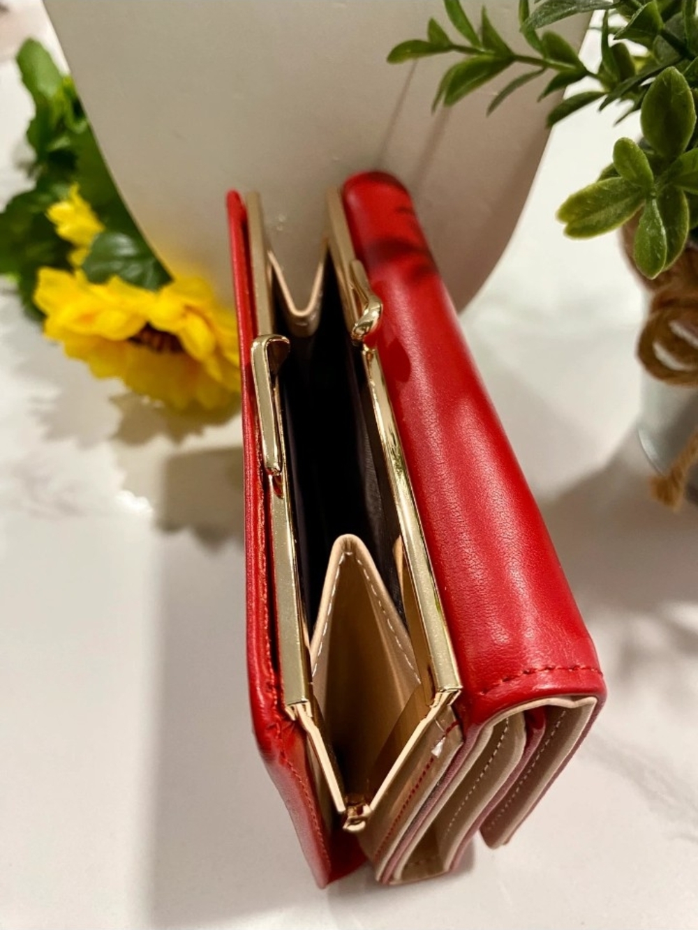 Sleek Red Women's Wallet with Gold Trim